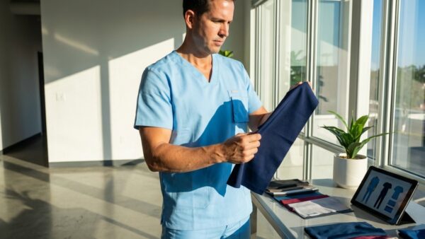 Male healthcare worker in blue scrubs examines a navy fabric swatch at a table with fabric samples and a tablet showing clothing diagrams.