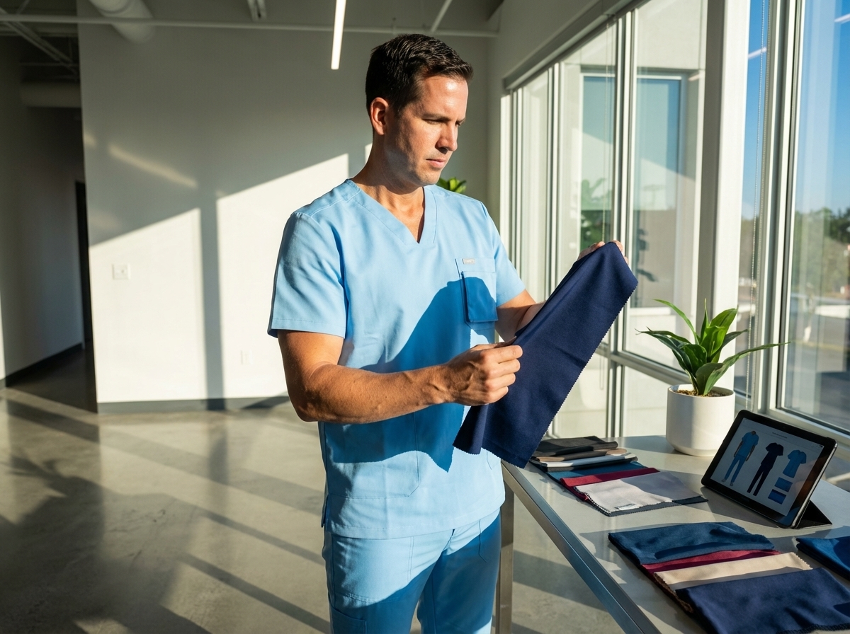 Male healthcare worker in blue scrubs examines a navy fabric swatch at a table with fabric samples and a tablet showing clothing diagrams.