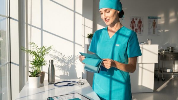 Healthcare worker in teal scrubs holding fabric swatches at a bright clinic desk.