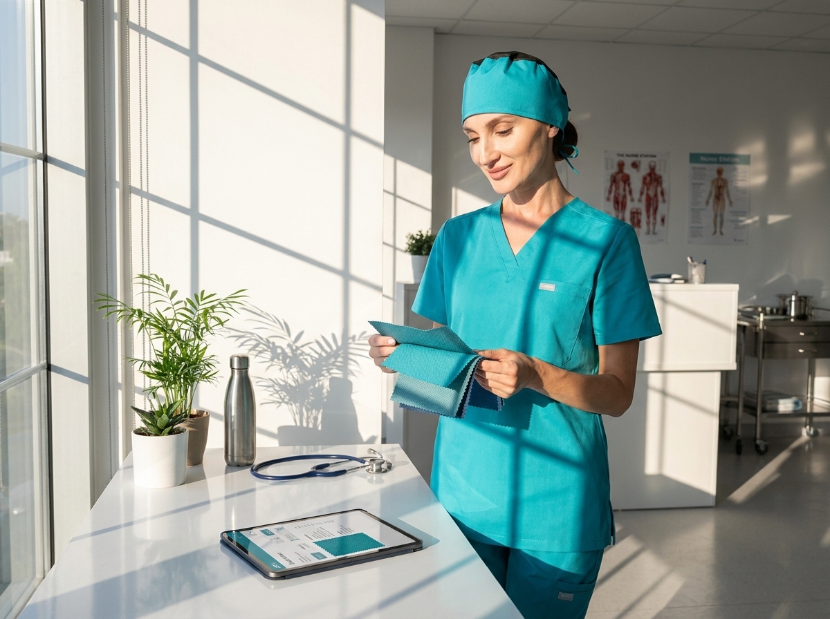 Healthcare worker in teal scrubs holding fabric swatches at a bright clinic desk.