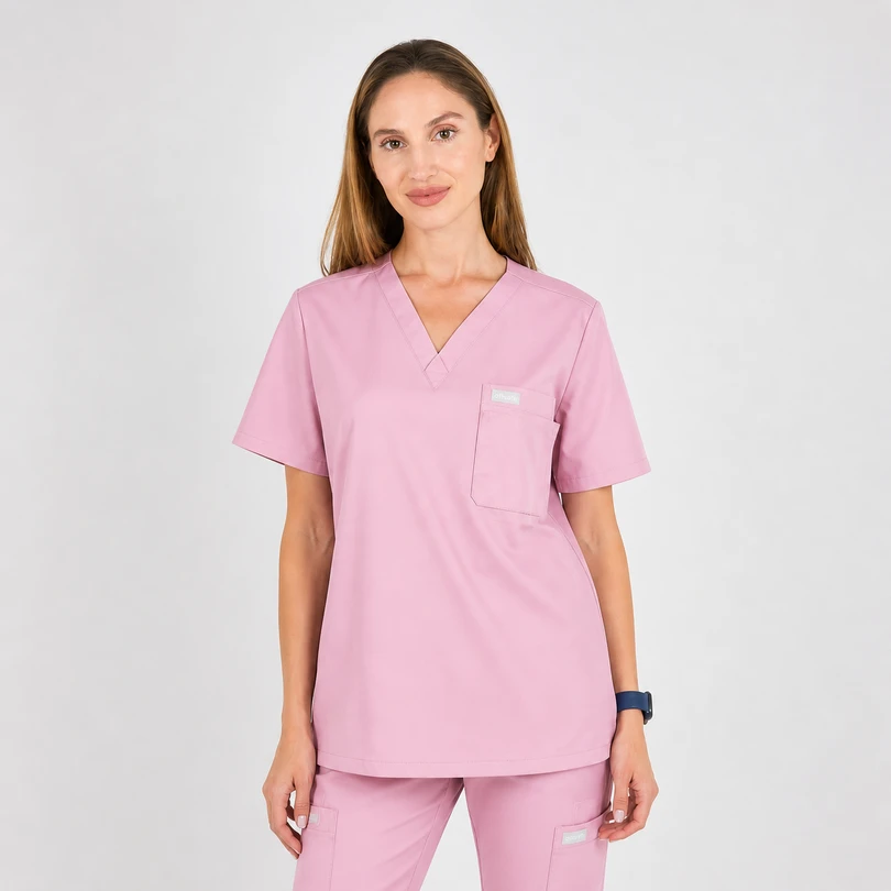 Woman wearing pink medical scrubs with V-neck top and matching pants, standing and smiling in a neutral setting.