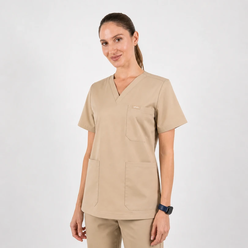 Woman wearing beige medical scrubs with a V-neck top and multiple pockets, standing against a light background.