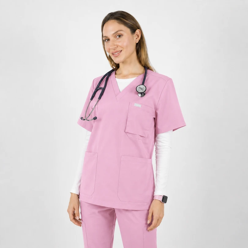 Female healthcare professional in pink scrubs with a stethoscope, smiling at the camera.