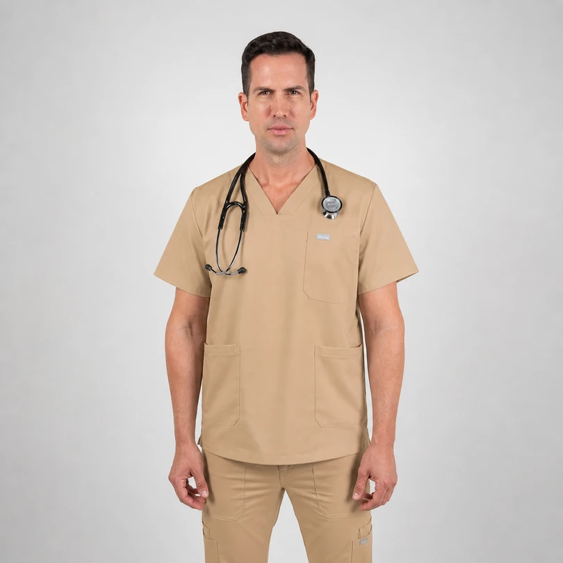 Male healthcare professional in beige scrubs with a stethoscope around his neck, standing against a light gray background.