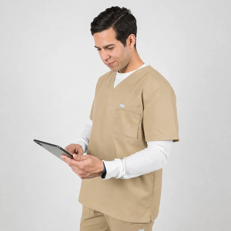 Male healthcare worker in beige scrubs using a tablet