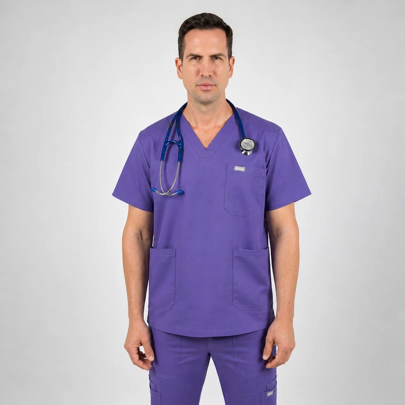 Medical professional in purple scrubs with a stethoscope around the neck, standing facing the camera in a neutral setting.