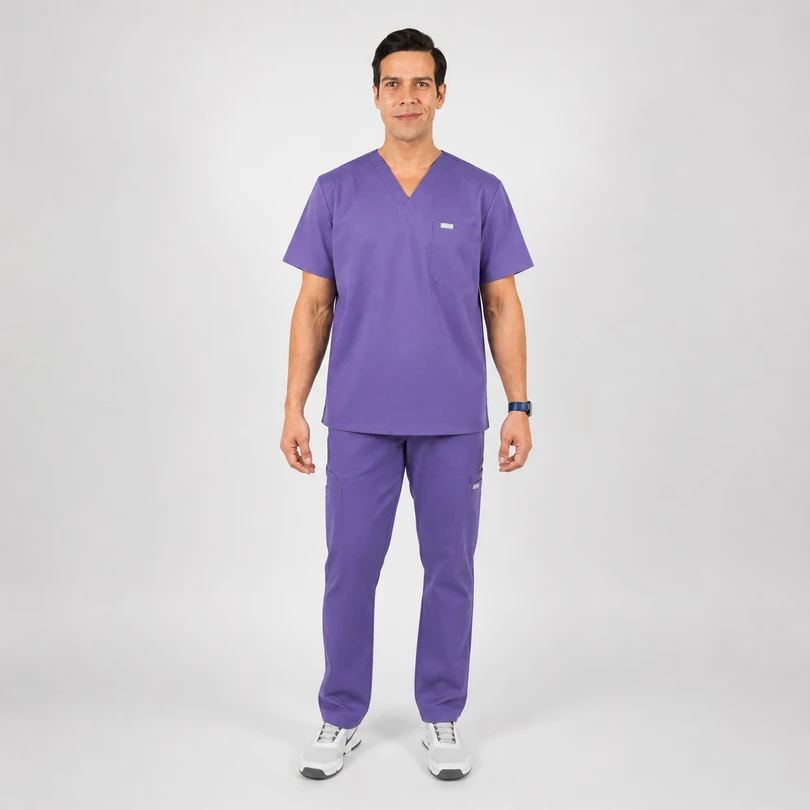 Man in purple medical scrubs (V-neck top, pants) standing straight against a light gray background.