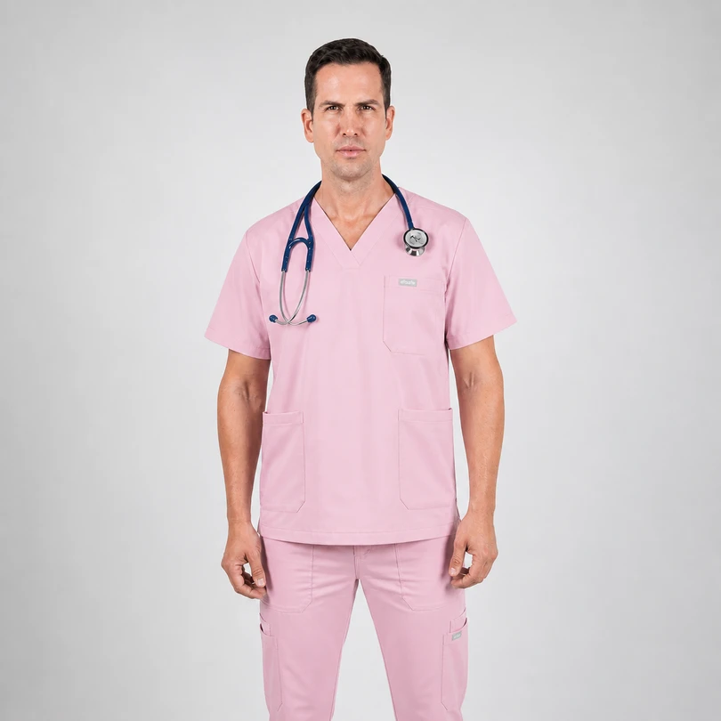 Healthcare professional wearing pink scrubs with stethoscope around neck, facing the camera.