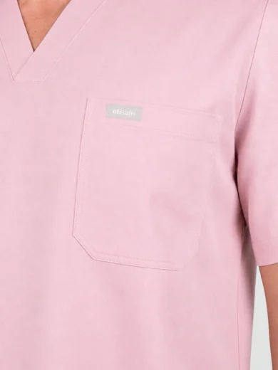 Pink scrub top with V-neck, short sleeves, and a front chest pocket labeled 'efisafe'.