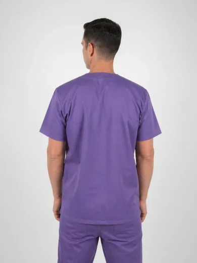 Back view of a man in purple medical scrubs (shirt and pants) facing away from the camera.