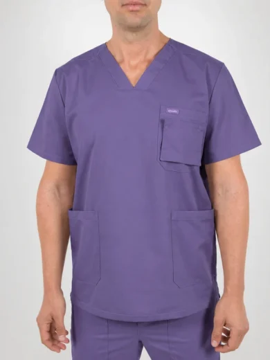 Front view of a person wearing purple medical scrubs with a V-neck top, chest pocket, and two lower pockets against a neutral background.