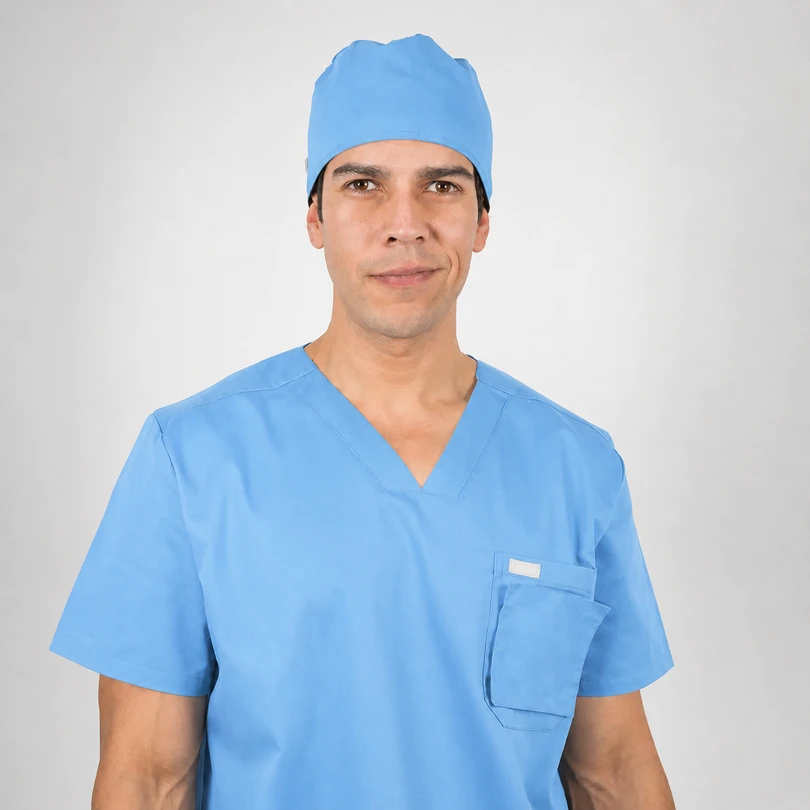 Male healthcare worker in blue scrubs and a surgical cap, smiling at the camera.
