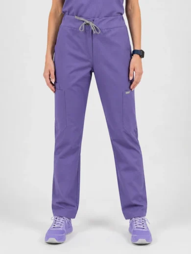 Purple scrub pants with a gray drawstring waist and cargo pockets, paired with purple sneakers.