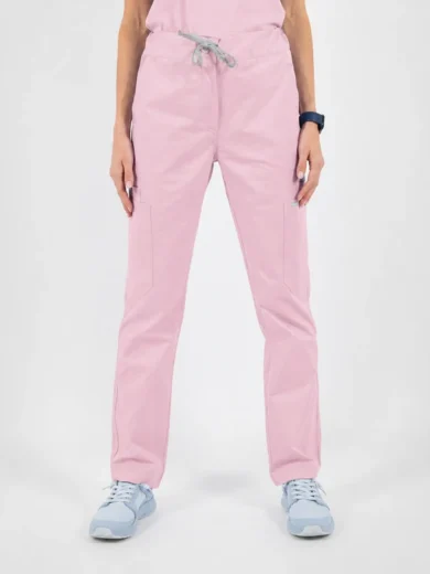 Person wearing light pink drawstring cargo pants with pockets, paired with light blue sneakers.