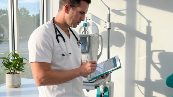 Doctor in white scrubs with stethoscope reviews data on a tablet in a bright clinic, medical equipment in background.