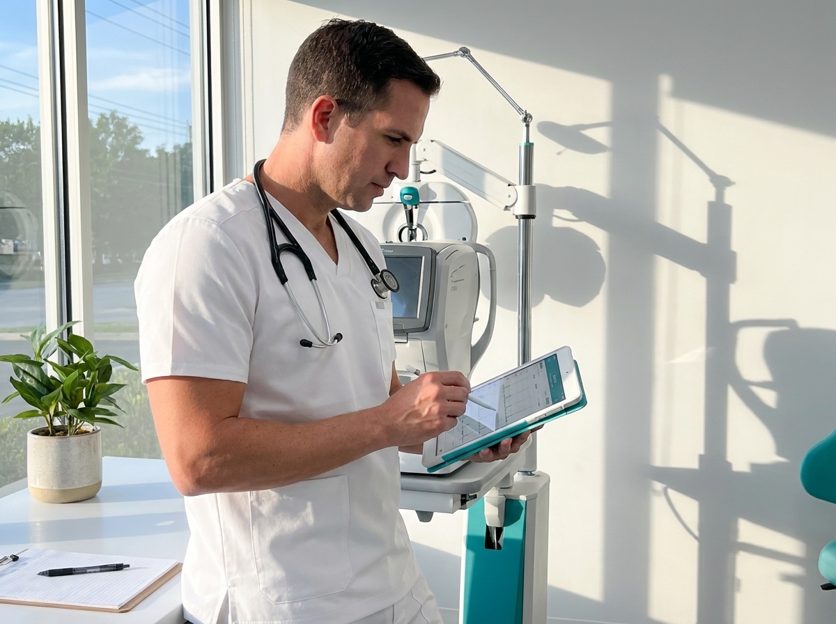 Doctor in white scrubs with stethoscope reviews data on a tablet in a bright clinic, medical equipment in background.