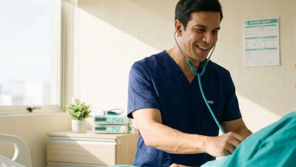 Male healthcare professional in blue scrubs uses a stethoscope to listen to a patient in a hospital bed by a sunlit window.