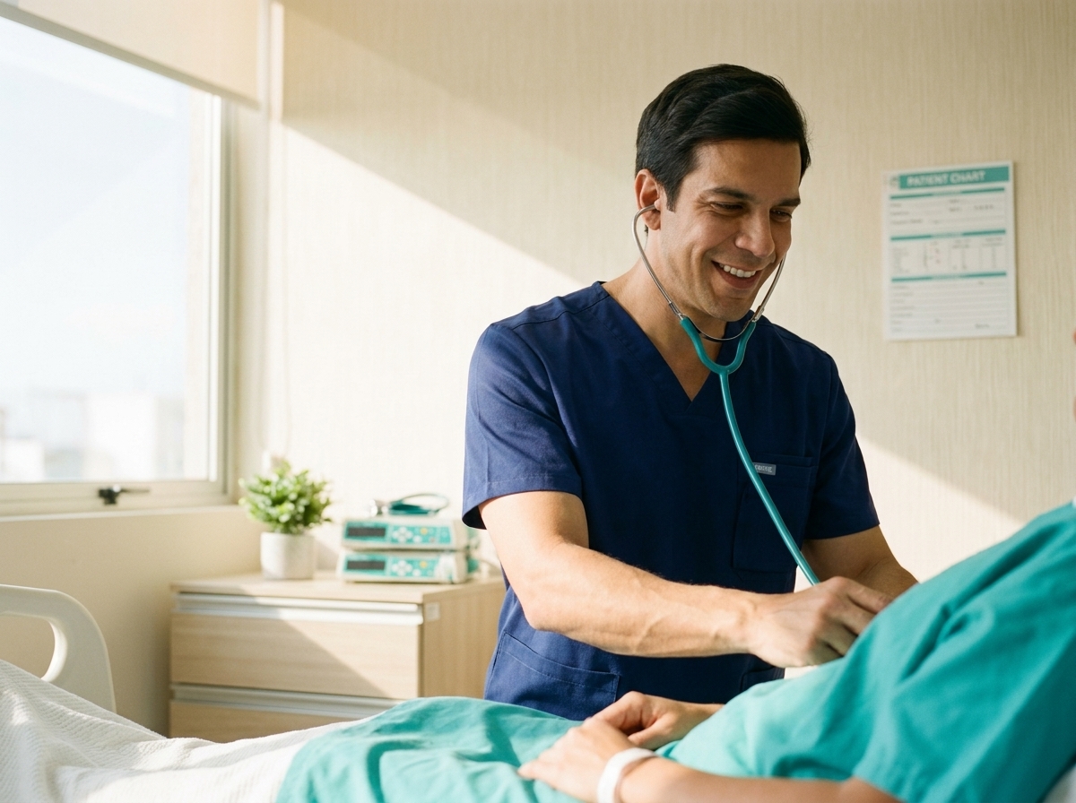 Male healthcare professional in blue scrubs uses a stethoscope to listen to a patient in a hospital bed by a sunlit window.